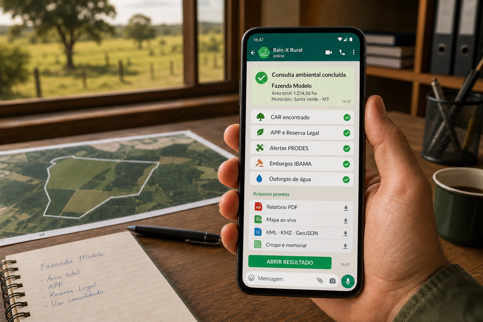 Relatório ambiental, mapa e arquivos técnicos recebidos no WhatsApp