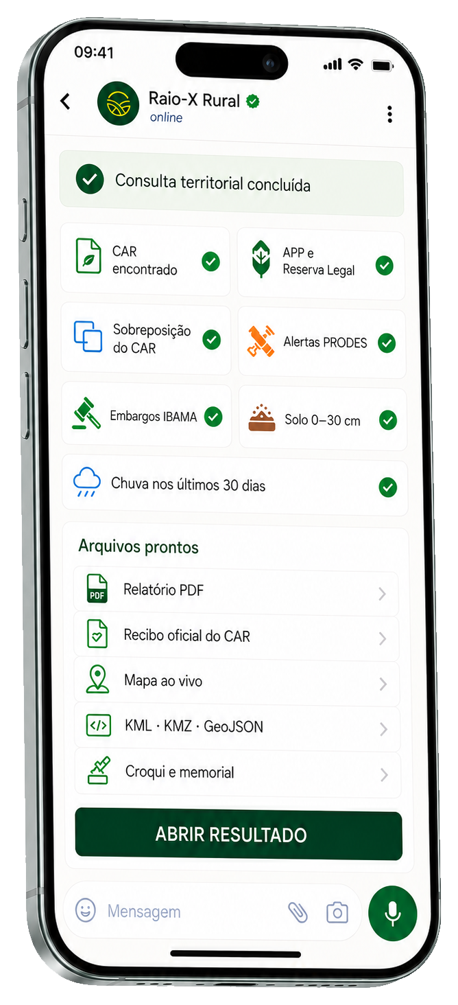 Consulta territorial completa do Raio-X Rural recebida no WhatsApp